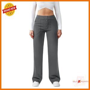 High Waist Straight Leg Work Pants Stretchy Button Pocket Trousers
